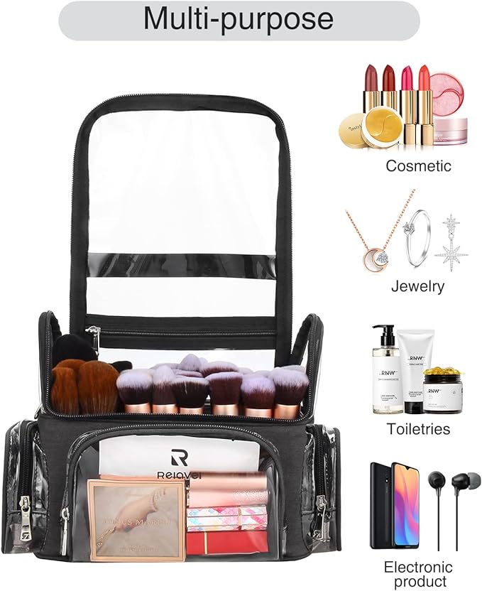 Makeup Brush Case, Large Makeup Brush Holder Professional Makeup Artist Travel Case Clear Waterproof Cosmetic Organizer Bag, Full Open Easy to Access, with Adjustable Strap and Dividers