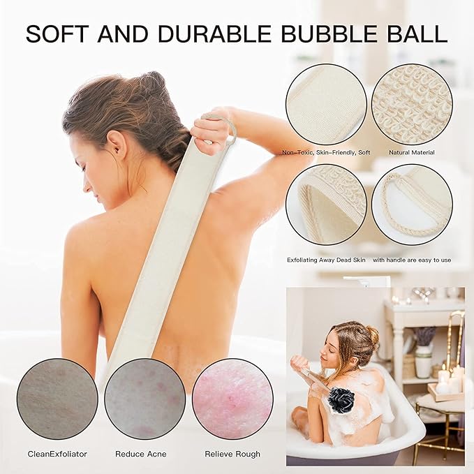 8Pack Bath Brush Set -Shower Loofah Sponge with Long Handled,Natural Loofah Exfoliating Back Scrubber for Shower, Luffa Pouf,Scalp Massager and 4 Hook,Back Scrubber for Shower for Men and Women