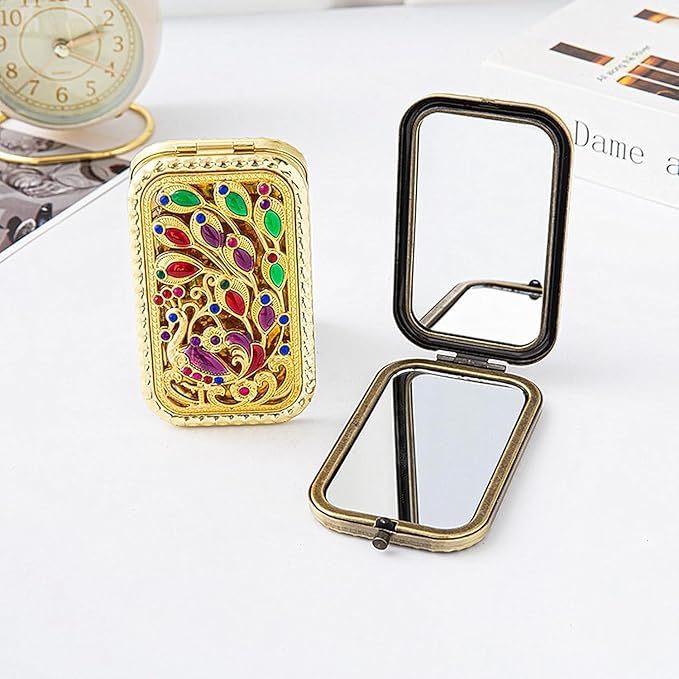 1PC Vintage Lateral Tail Peacock Pattern Cosmetic Makeup Pocket Purse Magnification Jewel Mirror （Rectangle）