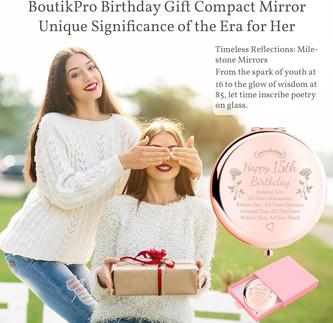 Birthday Gifts for Women Makeup Mirror 10th-85th Birthday Gifts for Sister Mom BFF Daughter Grandma Granddaughter - Milestone Birthday Presents 2-in-1 Compact Mirror (15th Birthday)