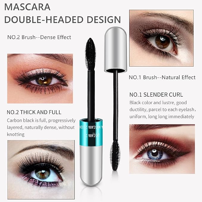 2 Pack Lash Cosmetics Mascara 5x Longer Lash Mascaras, 2 in 1 Black Mascara Waterproof Volume and Length Eye Cosmetics, Long-Lasting Natural Liquid Eyelash Mascaras Black Makeup