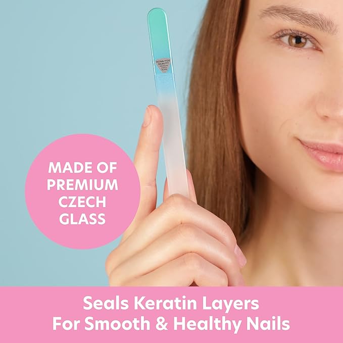 Bona Fide Beauty Glass Nail File with Case (Aqua) - 1 Piece Luxurious Gifts for Women, Crystal Etched Nail File for Natural Nails
