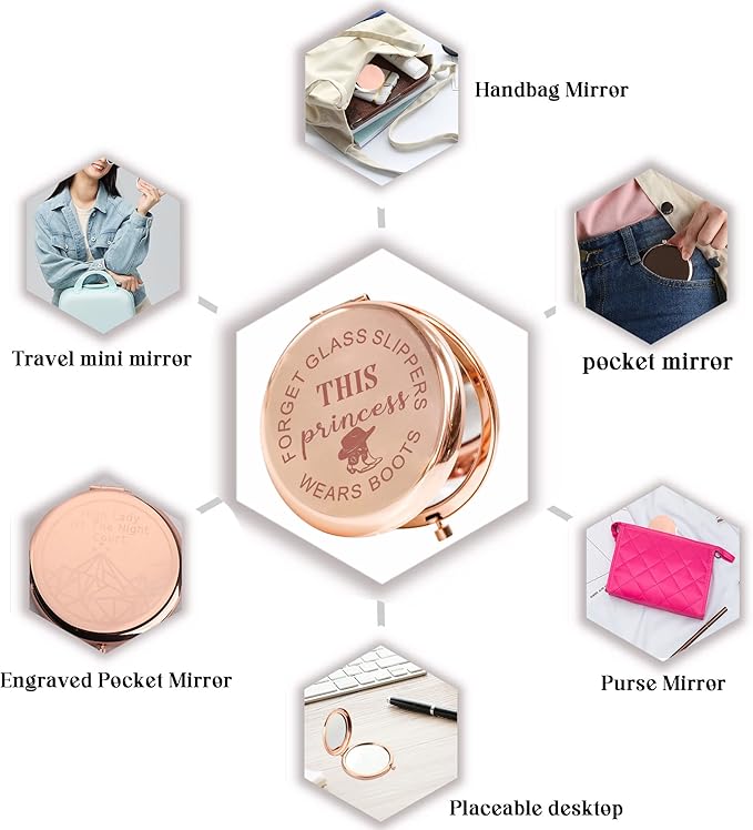 BAUNA Cowgirl Makeup Mirror Western Themed Pocket Mirror Forget Glass Slippers This Princess Wears Boots (Cowgirl Makeup Mirror)