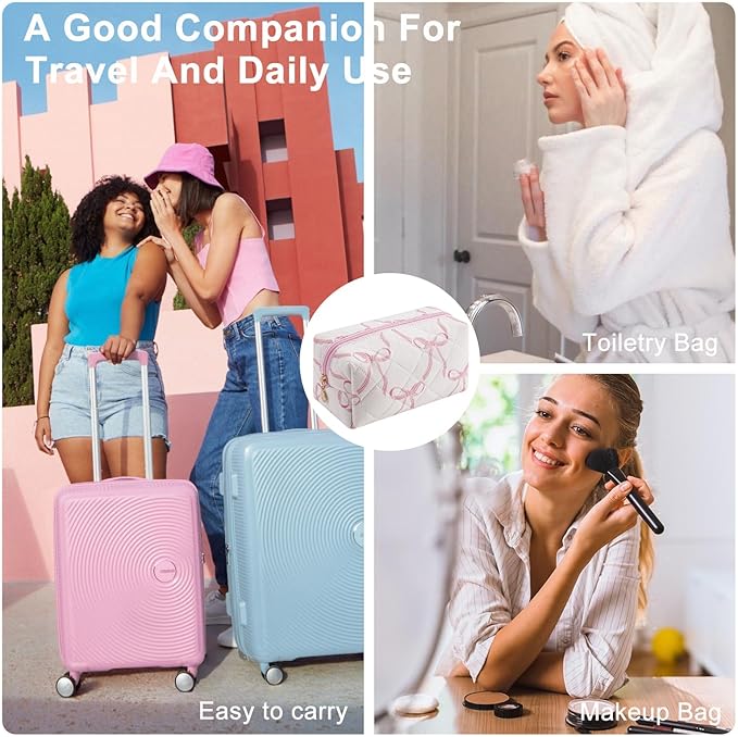 Gleyemor Small Quilted Makeup Bag for Women, Cute Floral Bow Cosmetic Bag, Emergency Bag Travel Toiletry Cotton Pouch Gifts for Girls Her Mom Friend Sister Bridesmaid (Big Pink Bow)