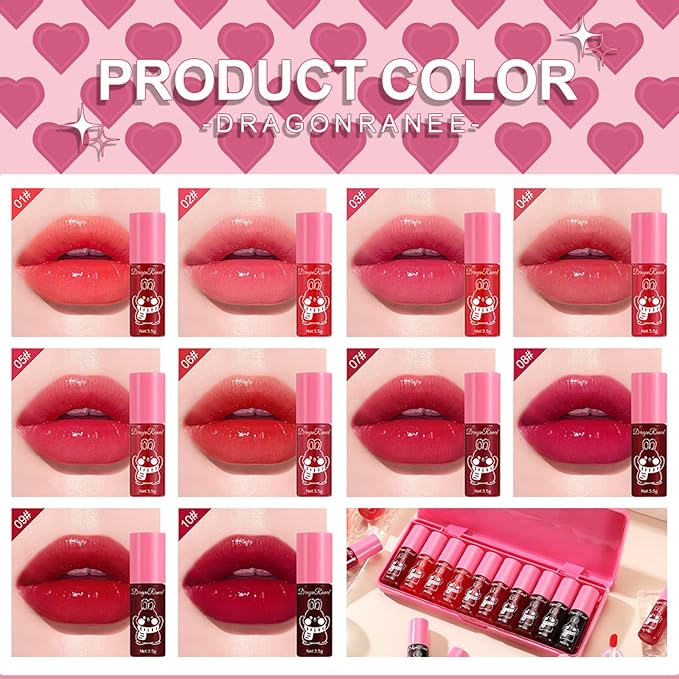 10 Colors Lip Tint Stain Set,Korean Lip Gloss,Watery Lip Stain Mini Liquid Lipstick Waterproof,Moisturizing Lip Stain Set Multi-Use Lip and Cheek Tint,Non-Stick Cup,Lightweight,Vivid Color Lip Makeup