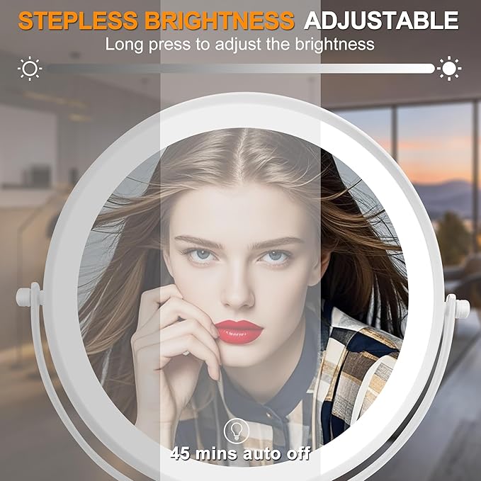 8.7" Large Lighted Makeup Mirror, 1X/10X Magnifying Mirror with 3 Color Dimmable Lights, Double Sided Vanity Mirror, Height Adjustable, 360° Swivel Cosmetic Mirror for Women Girl(White)