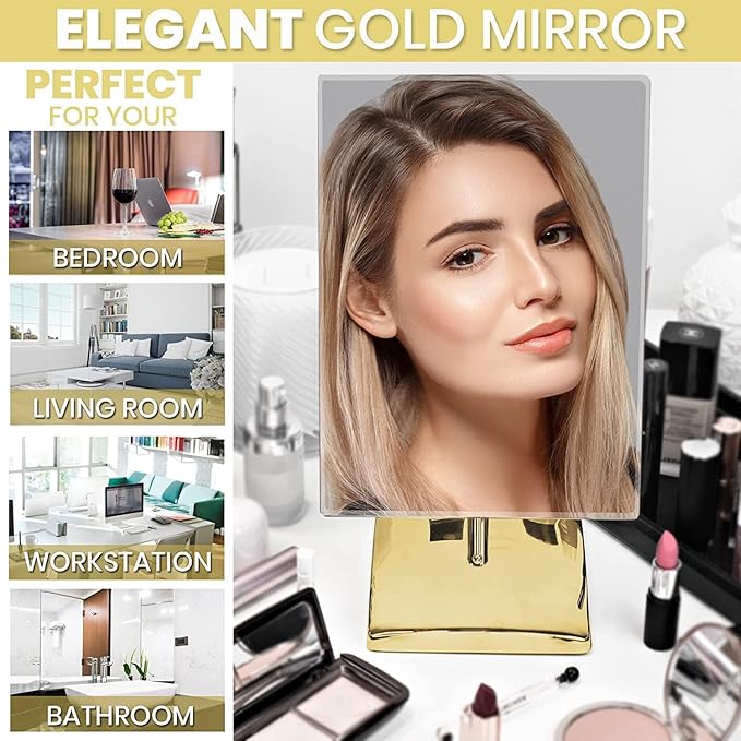 MIRRORVANA Large Free Standing Mirror - Frameless, Gold-Plated, Beveled Design for Desk, Retail Counter, Bathroom and Vanity Dressing Table (9.8" x 7")