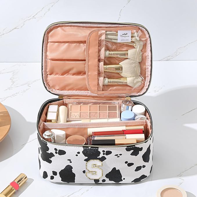 Meiyuuo Large Personalized Makeup Bag for Teen Girls Gifts Cute Cosmetics Bags Chenille Letter Bag Travel Pro Pouch Toiletry Organizer for Women Monogram Cow Print S