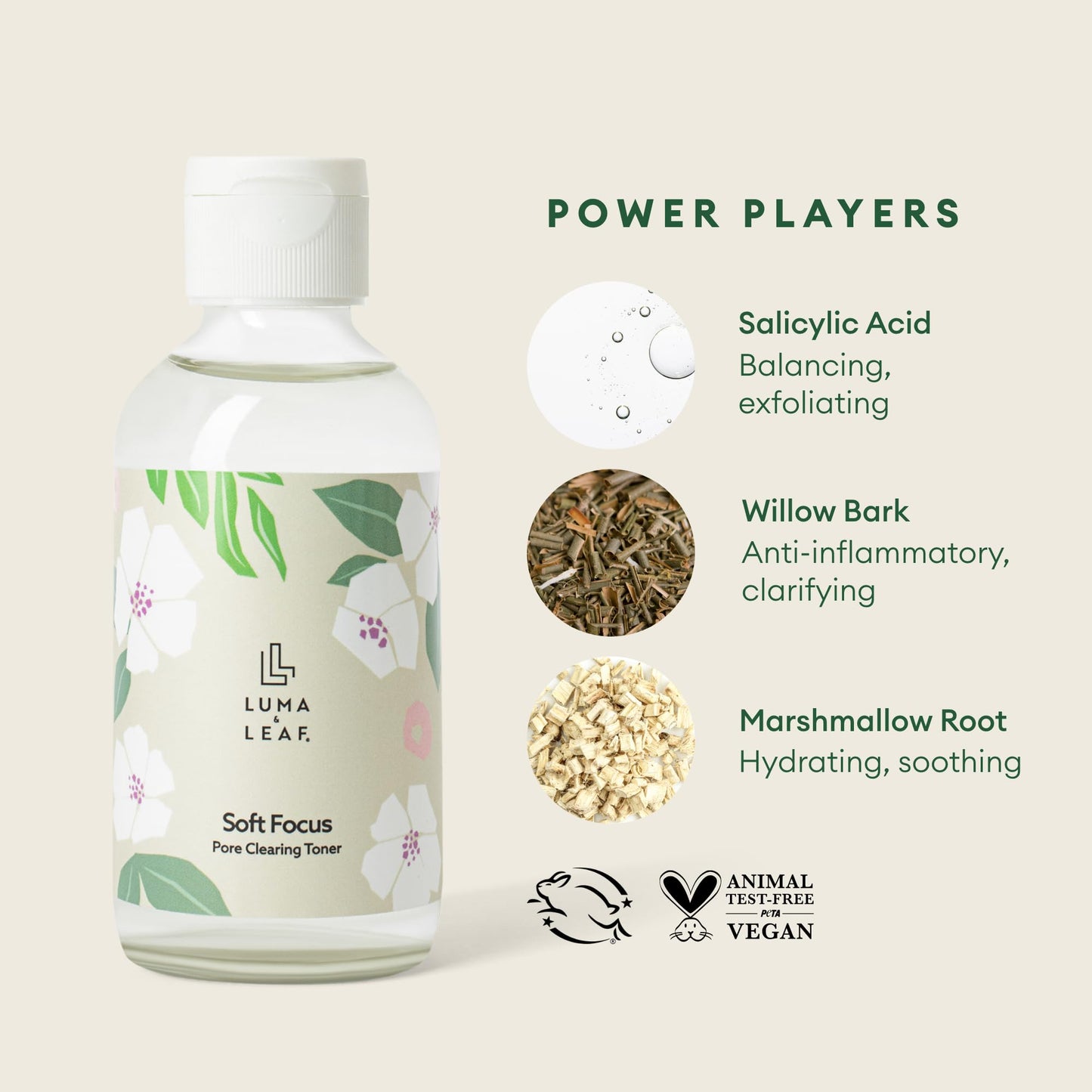 LUMA & LEAF Clearing Facial Toner 4 Oz - Natural Toner with Willow Bark, Salicylic Acid, Niacinamide, Marshmallow Root - Deep Nourishing Skin Toner for Blemish and Acne-Prone Skin