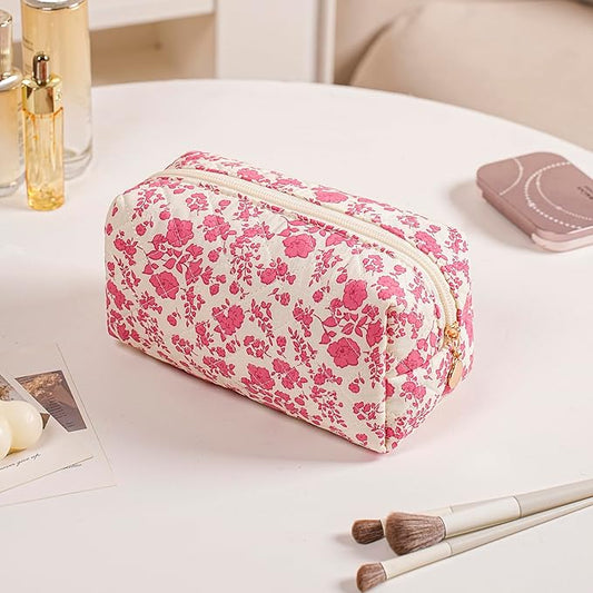 Gleyemor Small Quilted Makeup Bag for Women, Cute Floral Bow Cosmetic Bag, Emergency Bag Travel Toiletry Cotton Pouch Gifts for Girls Her Mom Friend Sister Bridesmaid (Red Floral)