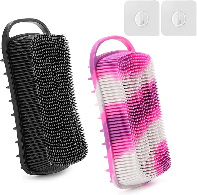 2 Pack Silicone Exfoliating Body Scrubber, 2 in 1 Body Brush & Hair Scalp Brush for Shower and Bath, Soft Silicone Loofah, Easy to Clean with Optimal Lathering (Black, Purple)