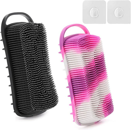 2 Pack Silicone Exfoliating Body Scrubber, 2 in 1 Body Brush & Hair Scalp Brush for Shower and Bath, Soft Silicone Loofah, Easy to Clean with Optimal Lathering (Black, Purple)