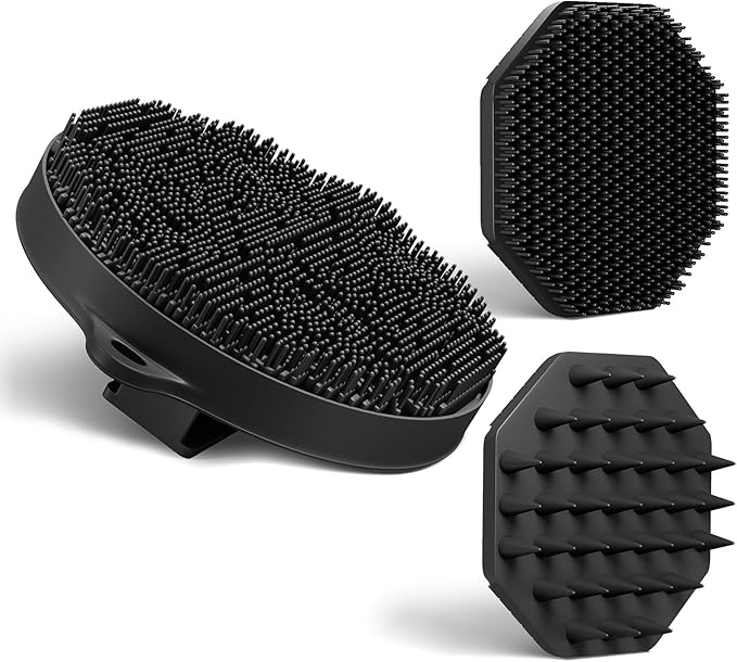 3 Soft Silicone Scrubbers - Body Exfoliating Brush Skin Massage Shower Scrubber Body Buffer, with Super Soft Handheld Facial Cleansing Brush, with Hair Shampoo Brush Scalp Massager (Black)