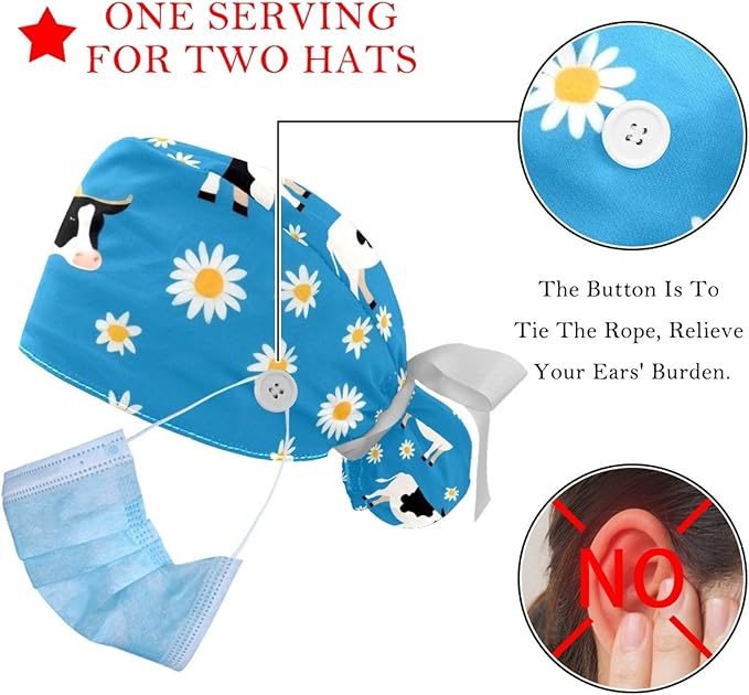 2 PCS Bouffant Cap with Button Ponytail Pouch Working Cap Sweatband Adjustable Surgical Cap Black and White Cow