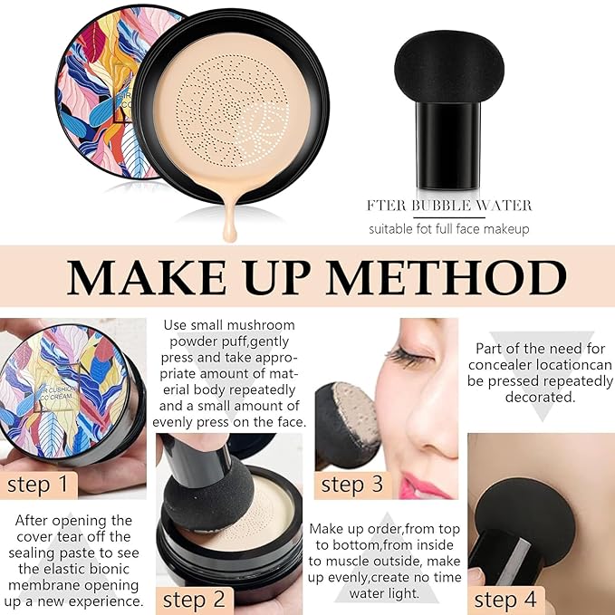 Mushroom Head Air Cushion CC Cream, BB Cream Face Makeup Moisturizing Concealer Long Lasting Full Coverage Waterproof Foundation Makeup Base Primer for All Skin Types (Ivory, 1PCS)