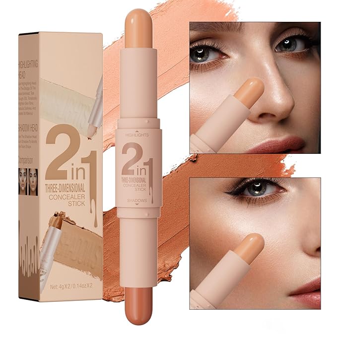 Dual-Ended Cream Contour Stick - Long-Lasting, Waterproof, Face Contour Makeup for All Skin Tones Highlighter Stick Easy to Blend, Achieve a Flawless Look (#01 Light Beige+Light Brown, A)