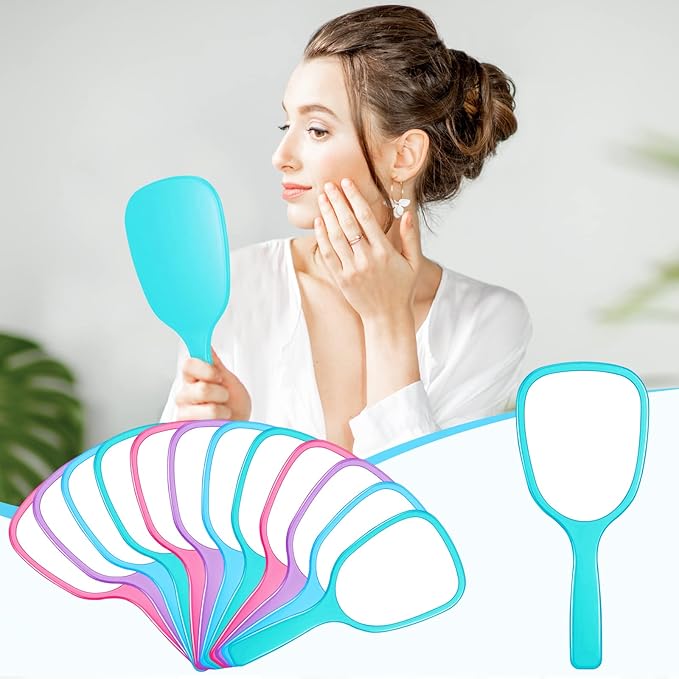 60 Pcs 7.09 x 3.14 Inch Hand Handheld Mirror with Handle Plastic Compact Travel Makeup Cosmetic Mirror Small Personal Portable Hand Held Mirror for Home Vanity Camping (Green, Pink, Blue, Purple)