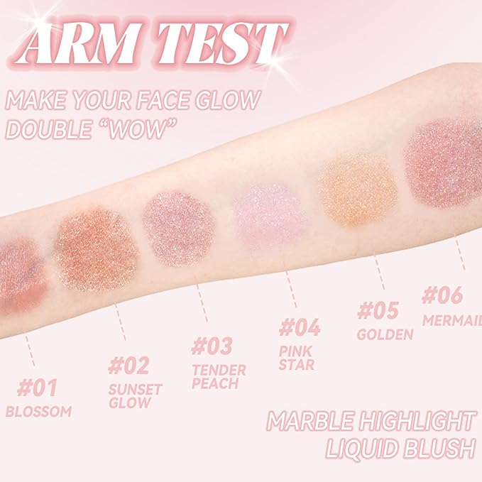 Marble Liquid Blush, Long-lasting Liquid Blush for Cheeks with High-pigment Color, Lightweight & Buildable Formula, Creates A Soft, Shimmery Finish (#06)