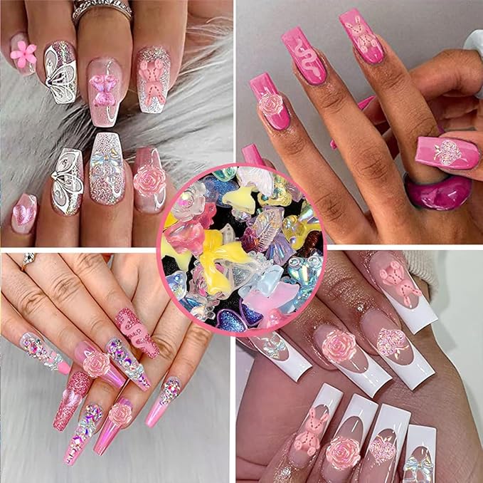 110 Pieces 3D Nail Charms for Acrylic Nails, Camellia Rose Flower Butterfly Bowknot Heart Bear Rabbit Star Charms for Nail Art Designs DIY Accessories Craft(Bear Bow)