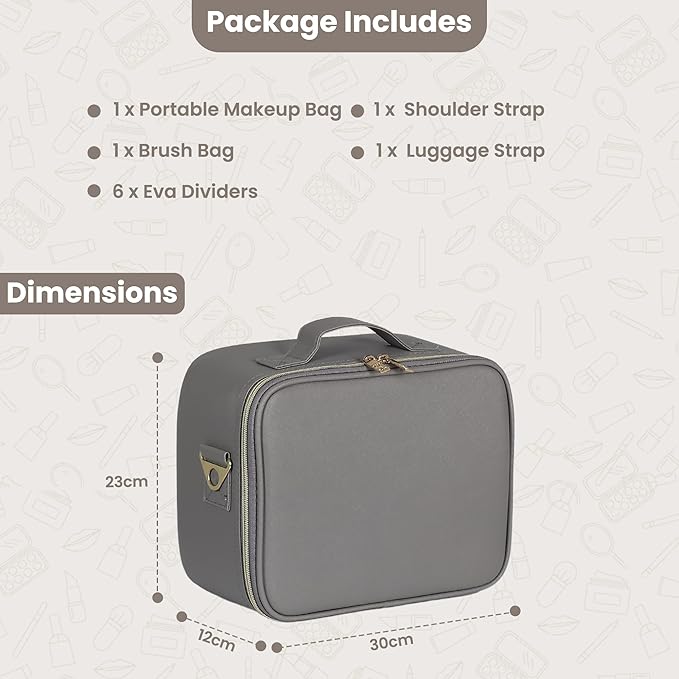 Makeup Travel Case, 12 Inch Makeup Organizer Bag with with Compartment and Dividers, Portable Cosmetic Bag with Brush Storage Sturdy Dual Zip Closure (Gray)