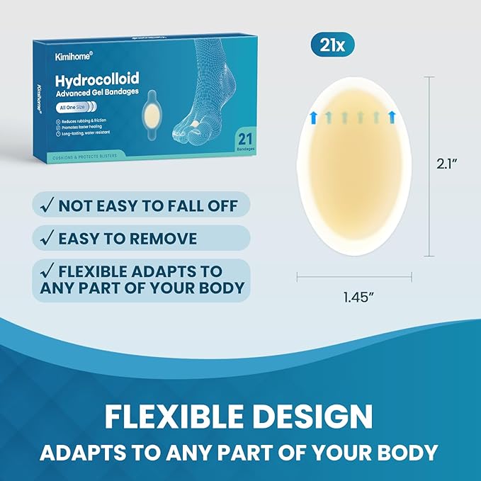 Gel Blister Bandages - 21 PCS Hydrocolloid Bandages for Feet, Blister Cushions Pads, Water Resistant Adhesive Band for Heel, Toes & Foot, Blister Bandaids for Prevention & Recovery (Heel Pack)