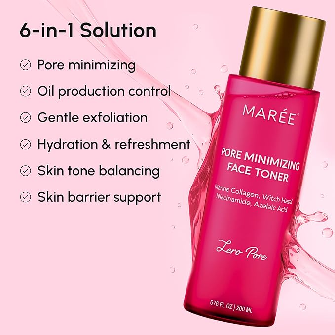 MAREE Pore Minimizer for Face Toner – Oil Control Facial Toner with Niacinamide, Witch Hazel & Marine Collagen – Gentle Exfoliating Face Toner for Women – Oily, Normal, Sensitive Skin – Tonico Facial