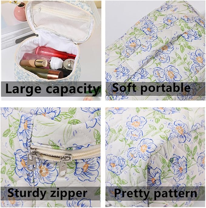 2 Pcs Quilted Makeup Bag,Cotton Coquette Make up Bag Set,Floral Cute Makeup Bags Large Travel Toiletry Cosmetic Bag Organizer for Women Girls (A)