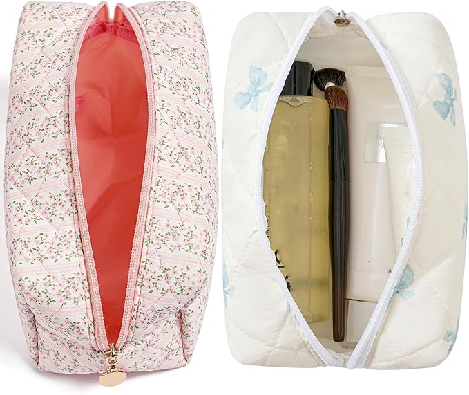 Makeup Bag Travel Cosmetic Bag for Women Girls, Zipper Make Up Pouch, Floral Flowers Toiletry Organizer Makeup, Portable Storage Cosmetic Travel Cloth Bag (Pink+Blue Bow Tie)