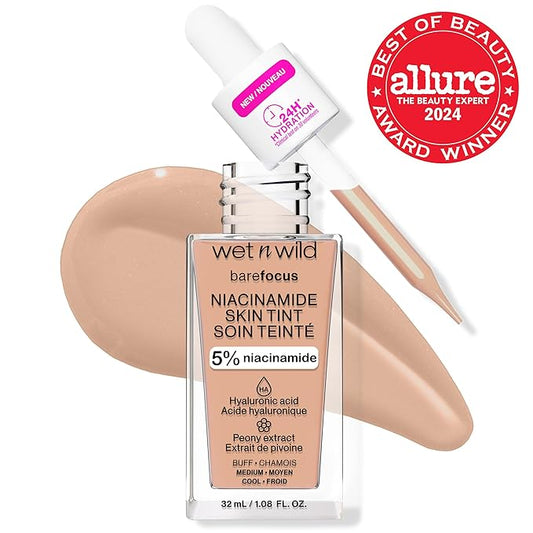 wet n wild Bare Focus Skin Tint, 5% Niacinamide Enriched, Buildable Sheer Lightweight Coverage, Natural Radiant Finish, Hyaluronic & Vitamin Hydration Boost, Cruelty-Free & Vegan - Buff