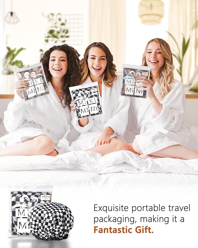 mikimini Large Shower Cap for Women Long Hair, 2 Pack,Elegant Chessboard Design,Double-layer Waterproof, Reusable, Washable, No Odor, X-Large