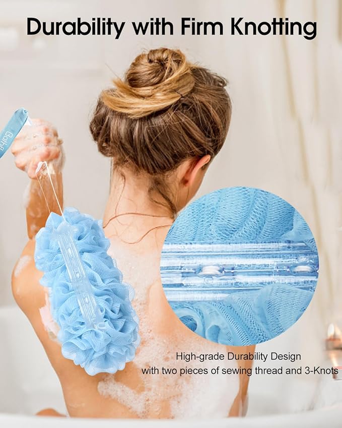 (2+1) Pack Back Scrubber for Shower，Loofah with Handle: 2PCS Long Handle Loofa Back Scrubber, 1PCS Luffa Hook, Charcoal Loofah Pack for Women Men Bath Wash, Blue