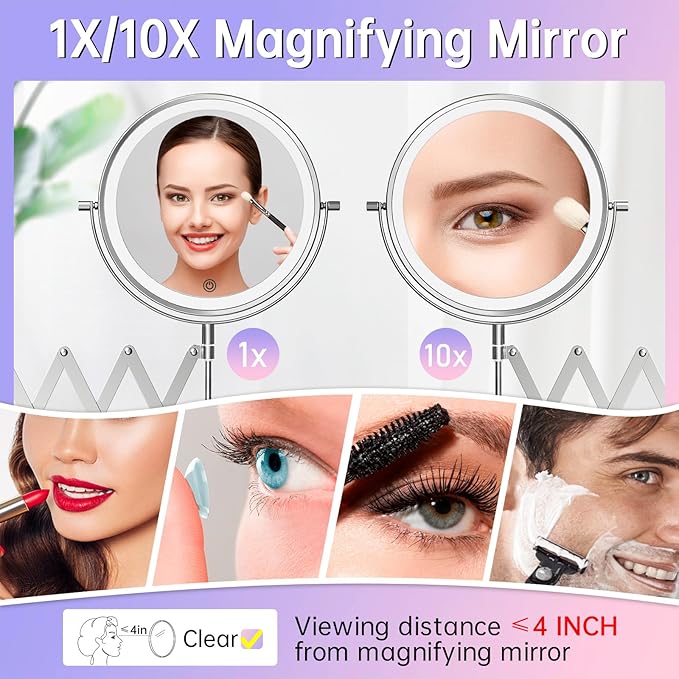 Famihomii Rechargeable Lighted Makeup Mirror Wall Mounted, 8 Inch 1X/10X Double Sided Magnifying Mirror with 3 Light, 360° Swivel Bathroom Extendable Mirror, Telescoping Mesh Shaving Mirror - Chrome