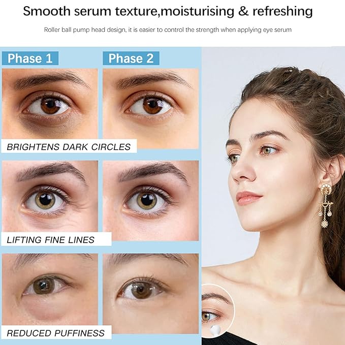 5% Caffeine Eye Serum, Anti-Aging Under Eye Roller Cream for Dark Circles Puffiness Wrinkles and Fine Lines, Korean Eye Care Cream with 360°Massage Ball, Eye Bags Treatment for Men and Women