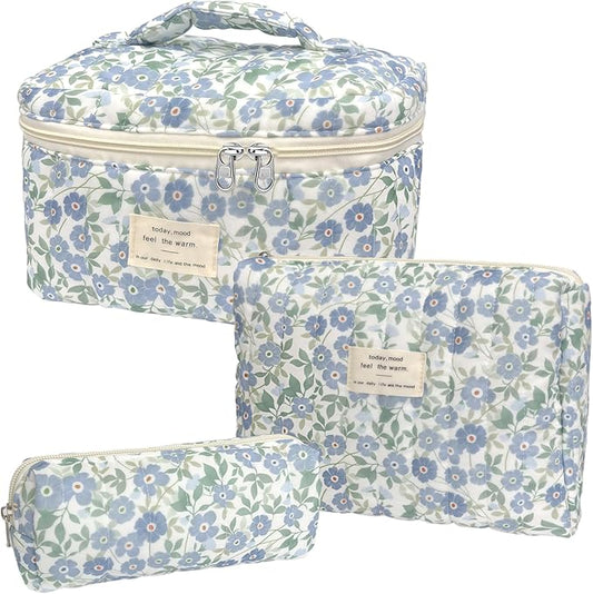 3 Piece Blue Cute Floral Cotton Quilted Makeup Bag Set, Large Capacity Travel Makeup Bags for Women and Girls, Includes Small, Medium, and Extra Large aesthetic makeup&Cosmetic Bags (3pcs-DitsyFloral)