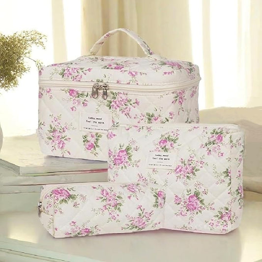 3 Pcs Makeup Bag Set,Cotton Quilted Makeup Bag,Coquette Makeup Bag,Floral Makeup Bag,Large Toiletry Cosmetic Bag Makeup Bag Organizer for Women Girls (P3-3PCS)
