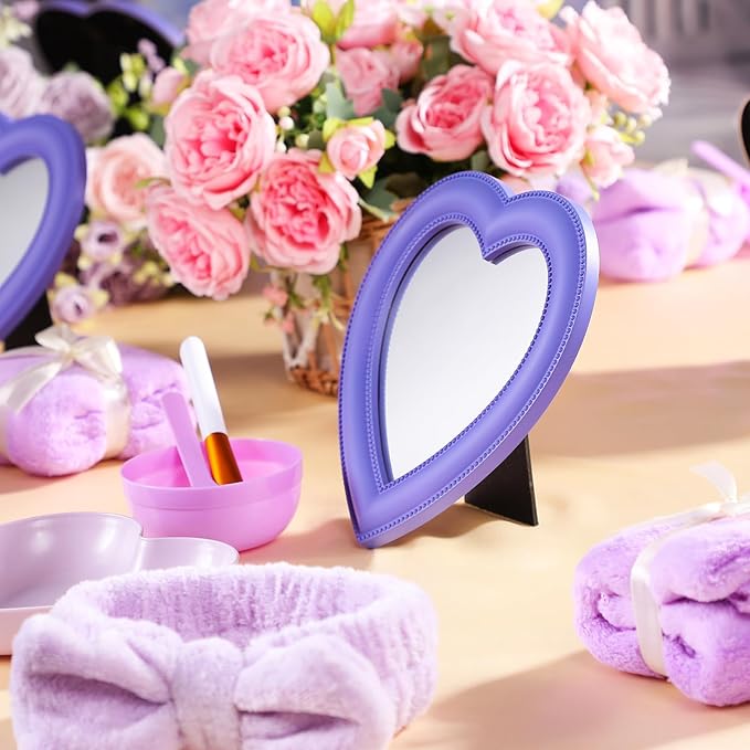 8 Pcs Spa Party Supplies 8 Heart Shaped Mirror Purple for Sleepover Party Favors Makeup Mirror for Spa Slumber Birthday Favor