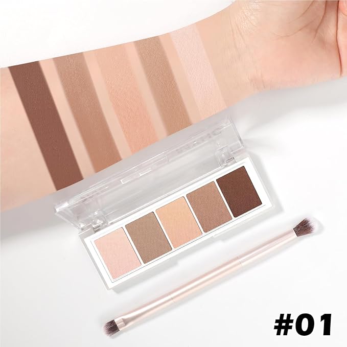 5 Colors Matte Eyeshadow Palette with Brush - Neutral Nude Taupe Brown Eye Shadow Palette Makeup, Natural Waterproof Cool-Toned Eyeshadow for Green & Blue & Brown Eyes and Smokey Makeup, 01#