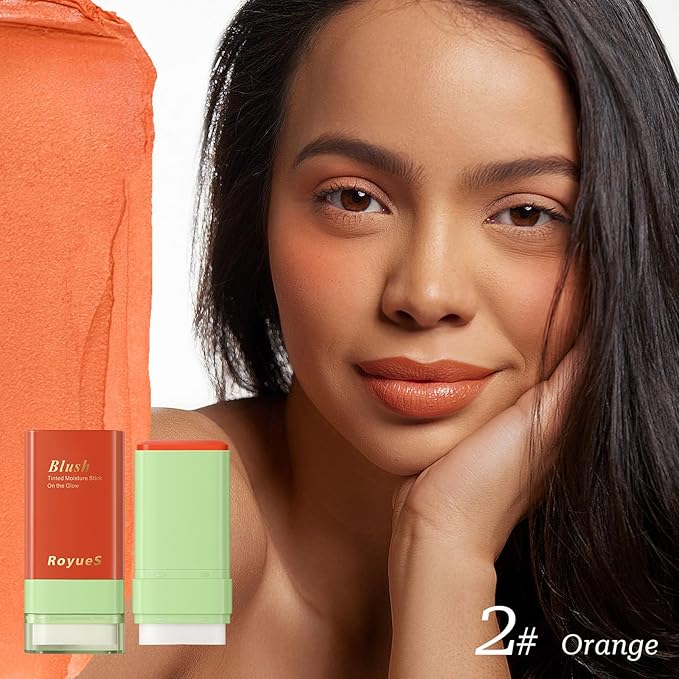 Mysense Cream Blush Stick with Built-in Brush, Multi-use Makeup Blush Stick for Cheeks Eyes Lips, Moisturizing Natural Matte Blush Makeup Waterproof Long-Lasting, 02 Orange