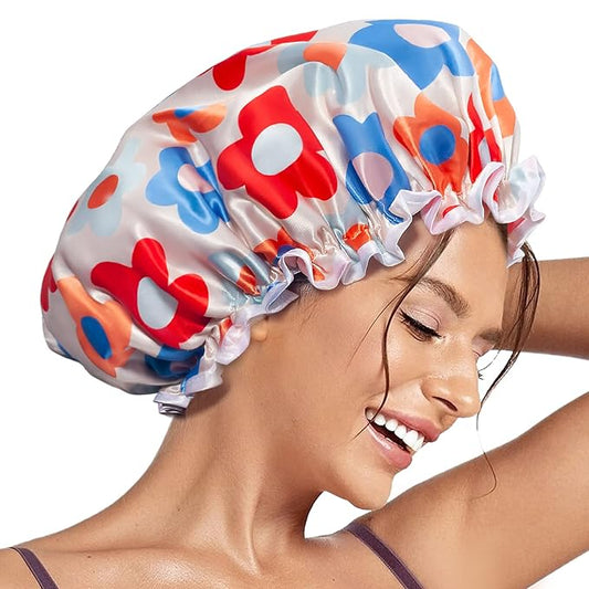 Aquior Large Shower Cap, Shower Cap for Women Reusable Waterproof, Bath Hair Cap for All Hair Lengths,for Ladies, Men and Kids (Flower)