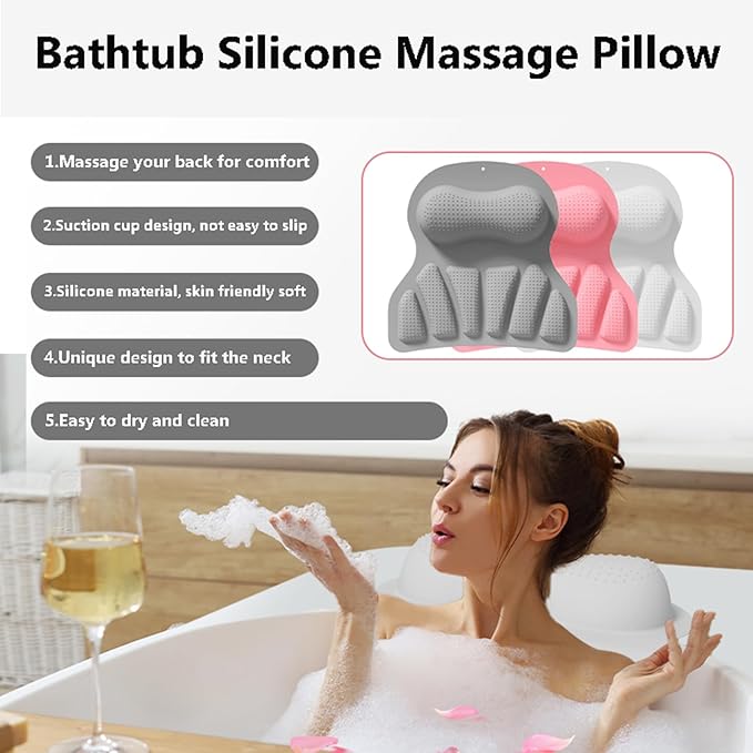 Bath Silicone Pillow Luxury Bathtub Pillow with Non-Slip Suction Cup (Gray)