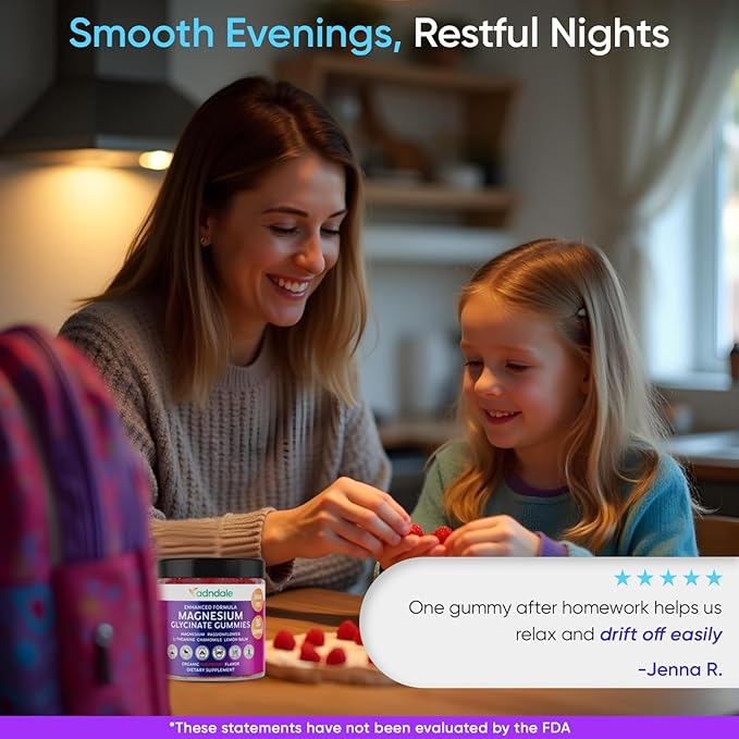 Adndale Magnesium Glycinate Gummies 90CT for Adults and Kids. 150 mg Chelated Mg with L-Theanine, Passionflower, Chamomile & Lemon Balm. Raspberry Flavor. Clear Thinking, Restful Nights, Muscle Ease