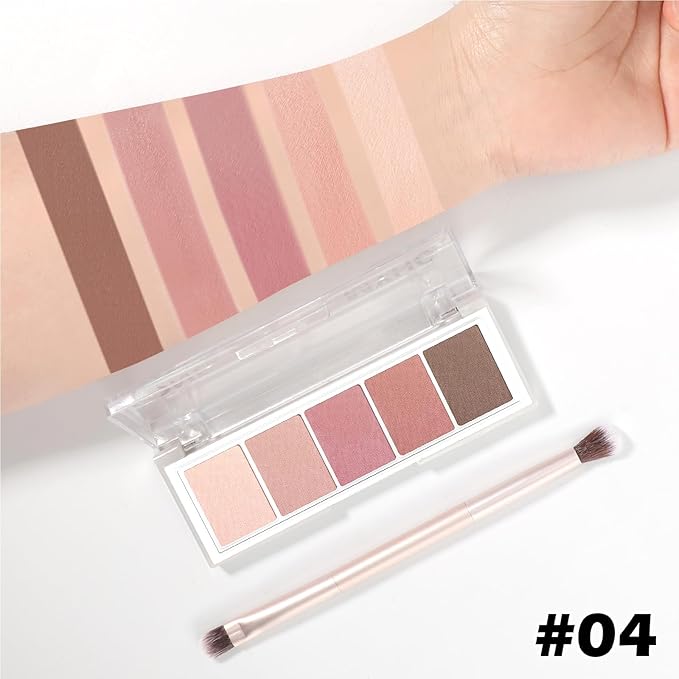 5 Colors Matte Eyeshadow Palette with Brush - Neutral Nude Brown Mauve Pink Eye Shadow Palette Makeup, Natural Waterproof Cool-Toned Eyeshadow for Green & Blue & Brown Eyes and Smokey Makeup, 04#