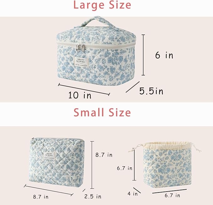 3pcs Large Cotton Quilted Makeup Bag Set,Coquette Aesthetic Cute Travel Toiletry Bag,Drawstring Gift Bag for Women and Girls(3Pcs Light Blue)