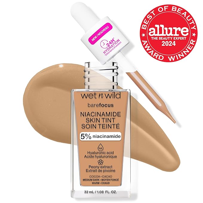 wet n wild Bare Focus Skin Tint, 5% Niacinamide Enriched, Buildable Sheer Lightweight Coverage, Natural Radiant Finish, Hyaluronic & Vitamin Hydration Boost, Cruelty-Free & Vegan - Cocoa