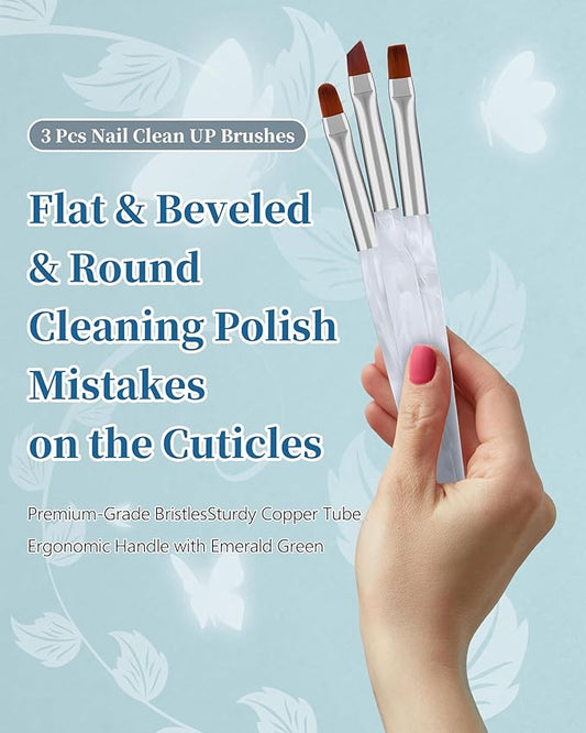 3PCS Nail Polish Clean Up Brush, Round&Falt&Angled Acetone Resistant Nail Brush for OPI Nail Polish Remover, Fingernail Cleaning Brushes at Home Nail Art and Designs(Calligraphy White)