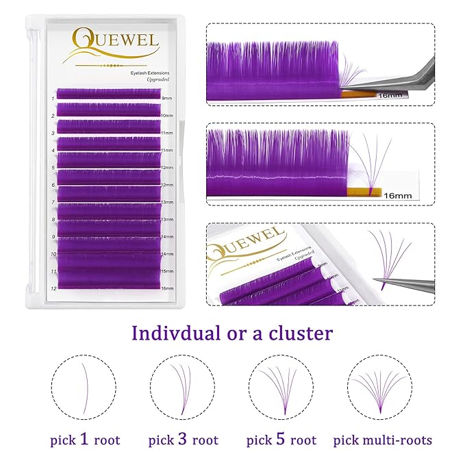QUEWEL Easy Fan Volume Lashes .07 D Curl Purple 9-16mm Mixed Lash Tray Color Extensions Self Fanning 2D-10D Eyelash Extensions (Purple 0.07 D 9-16mm)