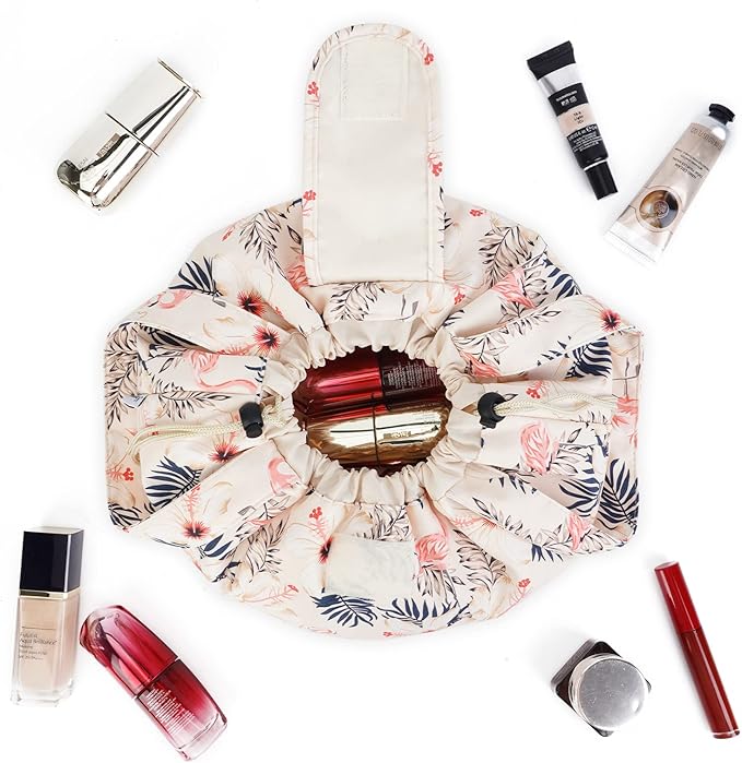 Barrel Drawstring Makeup Bag Large Floral Cosmetic Bag Make up Bags Toiletry Organizer for Women and Girls (Beige Flamingo) (Patent)