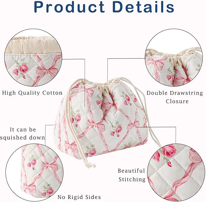 3pcs Large Cotton Quilted Makeup Bag Set,Coquette Aesthetic Cute Travel Toiletry Bag,Drawstring Gift Bag for Women and Girls(3Pcs Pink Bow)