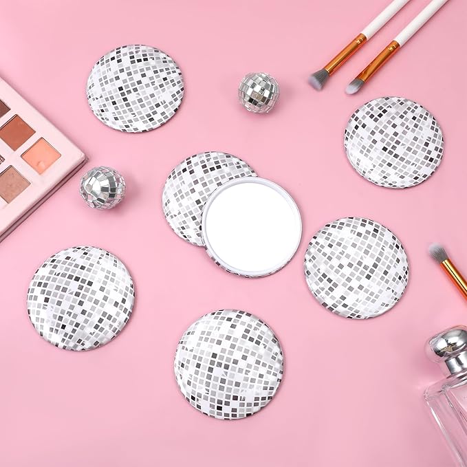 24 Pcs Disco Ball Compact Mirror Bulk 2.7 Inch Vintage Round Pocket Mirrors for Purse Makeup Mini Mirror for Women Disco Party Supply Travel Daily (Silver)