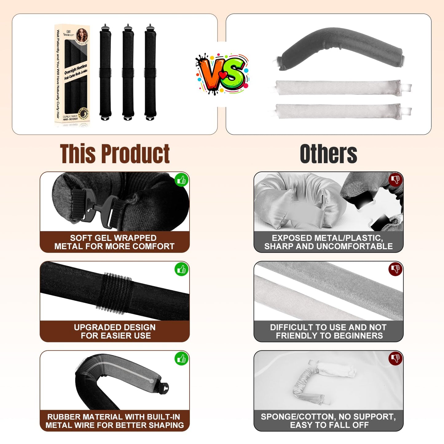 BLAAROOM Overnight Heatless Hair Curler Satin Jumbo Flexi Overnight Curls Blowout Rods 3pcs No-Heat Styling Tools Curling Rod To Sleep In for All Hair Types - Black